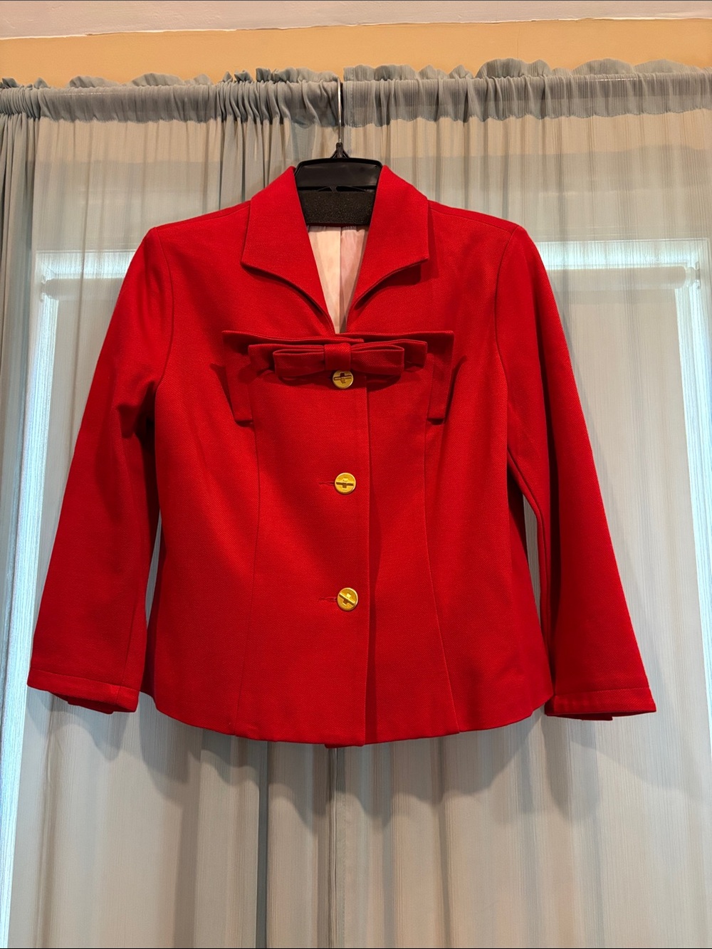 CAbi Red Beau Jacket #3035 Bow-Front Blazer with Gold Buttons
